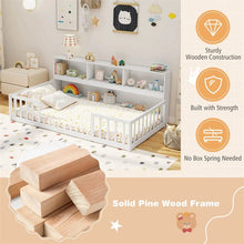 Load image into Gallery viewer, Twin Montessori Floor Bed, Wood Floor Bed Frame with Bookcase, Storage Shelves &amp; Safety Fence Rails for Kids, No Box Spring Needed