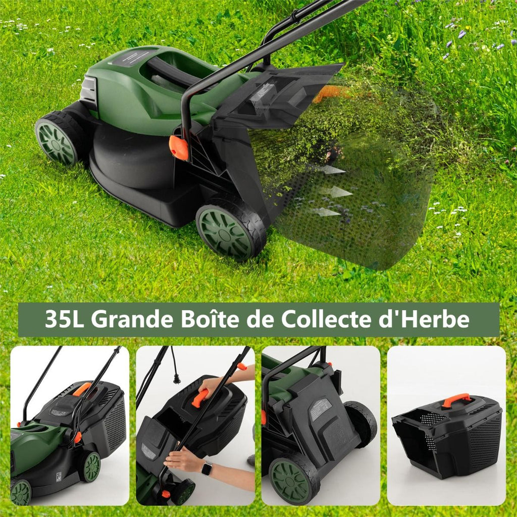 Tondeuse à Gazon Électrique Filaire 1500 W 4015 TR/Min Boîte de Collecte 35 L 3 Hauteur Réglables 25-65 MM Largeur de Coupe 34 CM Vert -