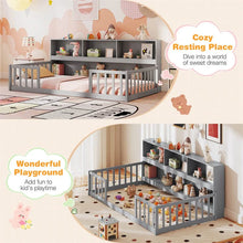 Load image into Gallery viewer, Twin Montessori Floor Bed, Wood Floor Bed Frame with Bookcase, Storage Shelves &amp; Safety Fence Rails for Kids, No Box Spring Needed