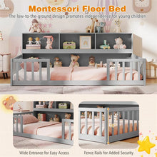 Load image into Gallery viewer, Twin Montessori Floor Bed, Wood Floor Bed Frame with Bookcase, Storage Shelves &amp; Safety Fence Rails for Kids, No Box Spring Needed