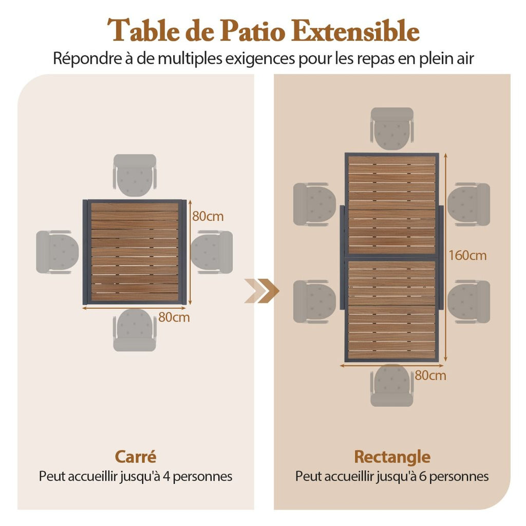 Table de Jardin Extensible en Aluminium Ajustable de 80 à 160 CM Table à Manger Extérieure Rectangulaire pour 4-6 Personnes Naturel -