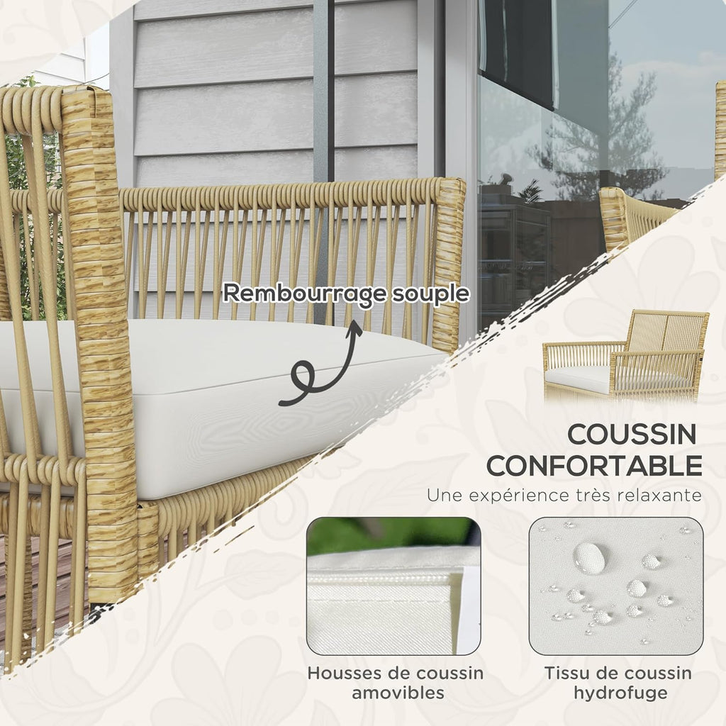 Outsunny Salon de Jardin extérieur 4 pièces canapé 2 Places + 2 fauteuils + 1 Table Basse Plateau Verre trempé Noir 3 Coussins d'assise - métal et résine tressée - Beige