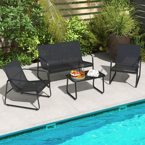 Salon de Jardin 4 Pices avec 2 Chaises Table en Verre Tremp et Causeuse Meuble Extrieur en Tissu Respirant Cadre Mtallique Noir -