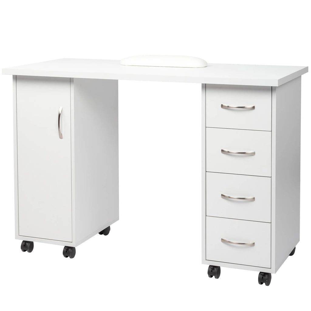 Sesslife White Computer Desk, Writing Desk with Lockable Wheels???modern Wood Study Desk with 4 Drawers for Home Office Workstation