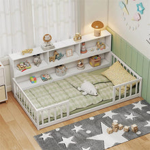 Load image into Gallery viewer, Twin Montessori Floor Bed, Wood Floor Bed Frame with Bookcase, Storage Shelves &amp; Safety Fence Rails for Kids, No Box Spring Needed