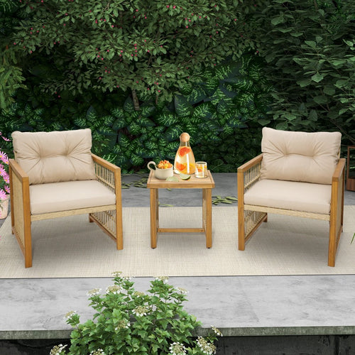 Salon de Jardin avec 1 Table et 2 Fauteuils en Bois d'Acacia et Rotin Anti-UV Pieds Réglables Coussins avec Zip Nautel -