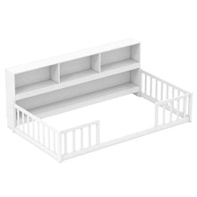 Load image into Gallery viewer, Twin Montessori Floor Bed, Wood Floor Bed Frame with Bookcase, Storage Shelves &amp; Safety Fence Rails for Kids, No Box Spring Needed