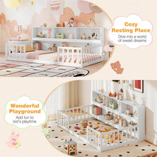 Load image into Gallery viewer, Twin Montessori Floor Bed, Wood Floor Bed Frame with Bookcase, Storage Shelves &amp; Safety Fence Rails for Kids, No Box Spring Needed