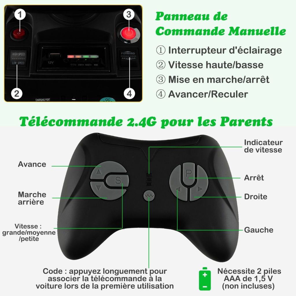 Tracteur Electrique 12 V pour Enfants 3-5 km/h Télécommande MP3 USB Vert/Jaune -