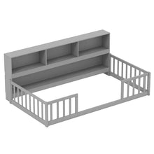 Load image into Gallery viewer, Twin Montessori Floor Bed, Wood Floor Bed Frame with Bookcase, Storage Shelves &amp; Safety Fence Rails for Kids, No Box Spring Needed