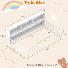 Load image into Gallery viewer, Twin Montessori Floor Bed, Wood Floor Bed Frame with Bookcase, Storage Shelves &amp; Safety Fence Rails for Kids, No Box Spring Needed