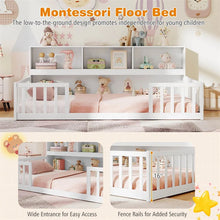 Load image into Gallery viewer, Twin Montessori Floor Bed, Wood Floor Bed Frame with Bookcase, Storage Shelves &amp; Safety Fence Rails for Kids, No Box Spring Needed