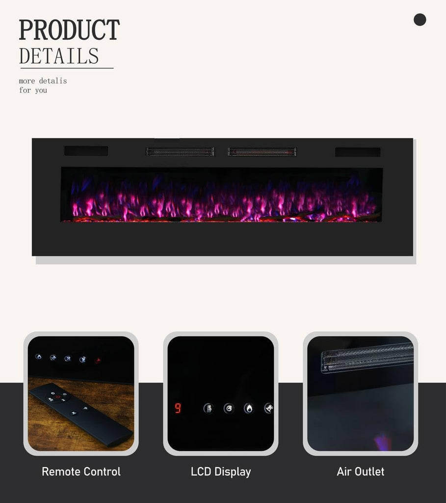 Mystflame Crystal 50 - Cheminée Électrique Murale avec Wi-FI, 127 cm, Ultra Fine 8 cm, 12 Couleurs de Flamme, Thermostat 750/1500W, Poêle Confortable, Écran Tactile et Minuterie