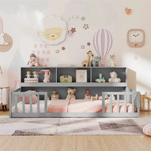 Load image into Gallery viewer, Twin Montessori Floor Bed, Wood Floor Bed Frame with Bookcase, Storage Shelves &amp; Safety Fence Rails for Kids, No Box Spring Needed