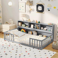 Load image into Gallery viewer, Twin Montessori Floor Bed, Wood Floor Bed Frame with Bookcase, Storage Shelves &amp; Safety Fence Rails for Kids, No Box Spring Needed