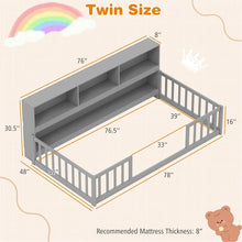 Load image into Gallery viewer, Twin Montessori Floor Bed, Wood Floor Bed Frame with Bookcase, Storage Shelves &amp; Safety Fence Rails for Kids, No Box Spring Needed