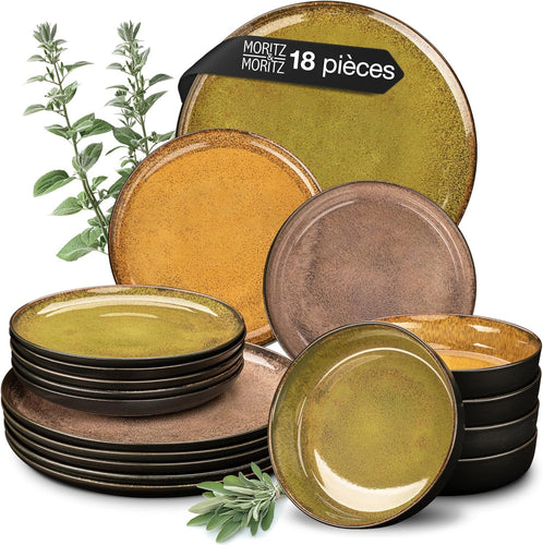 Moritz & Moritz VIDA service de table 6 personnes - vaisselle et arts de la table couleurs vintage jaune, vert et rouge 6x assiettes plates, 6x assiettes creuses, 6x assiettes à petit-déjeuner