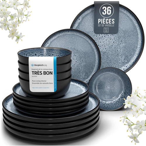 Service de Vaisselle en Grès Ibiza 36 pièces –Ensemble de Vaisselle pour 12 Personnes, Adapté au Lave-Vaisselle et au Micro-Ondes, Pure Living bleu fumé, Assiettes Service de Table