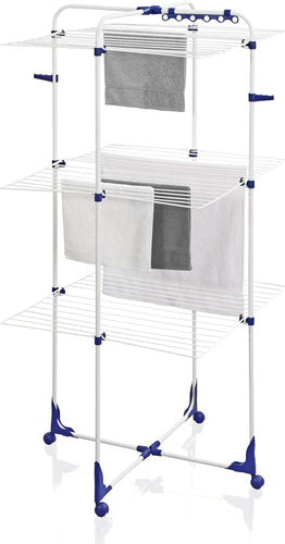 Leifheit Tour de séchage Classic Tower 340, étendoir à linge pliable à 3 niveaux, séchoir à linge tour 34 m avec cadres rabattables & roulettes 360°