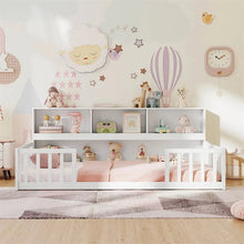 Load image into Gallery viewer, Twin Montessori Floor Bed, Wood Floor Bed Frame with Bookcase, Storage Shelves &amp; Safety Fence Rails for Kids, No Box Spring Needed