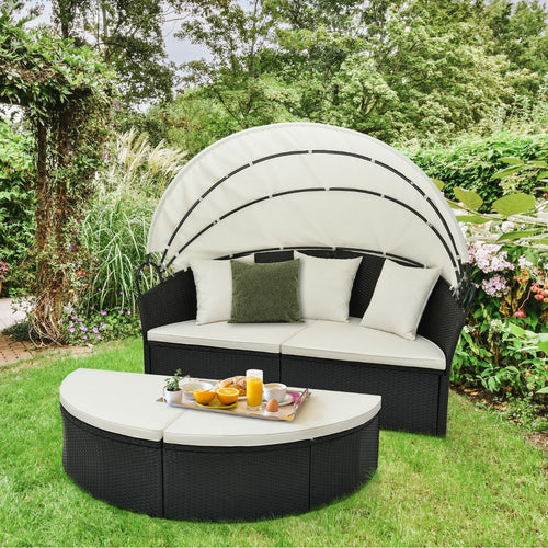 Lit Canap de Jardin Rond en Rotin PE Auvent Rtractable Coussins et Oreillers Amovibles Salon de Jardin Modulable Blanc -