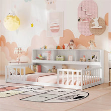 Load image into Gallery viewer, Twin Montessori Floor Bed, Wood Floor Bed Frame with Bookcase, Storage Shelves &amp; Safety Fence Rails for Kids, No Box Spring Needed