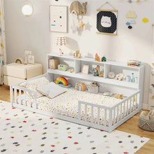 Load image into Gallery viewer, Twin Montessori Floor Bed, Wood Floor Bed Frame with Bookcase, Storage Shelves &amp; Safety Fence Rails for Kids, No Box Spring Needed