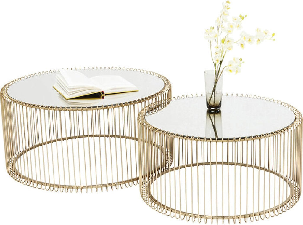 Kare Design Tables Basses Wire, Lot de 2, Laiton/Miroir, Rond, Acier, Plateau de Table en Verre, Diamètre 70/60cm, Style Moderne, Élégante, Table Basse Salon, Deco Intérieur, Décoration Chambre