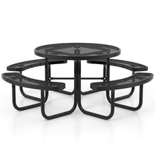 Load image into Gallery viewer, Table de Pique-Nique Ronde avec 4 Bancs Intégrés pour 8 Personnes Table de Camping en Métal avec Sièges et Trou pour Parasol 202x75cm Noir -