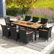 Load image into Gallery viewer, Salon de Jardin en Rotin 9 Pices Plateau de Table en Acacia Ensemble de Salle  Manger avec Coussins Amovibles Trou Charge 180KG Beige+Noir -