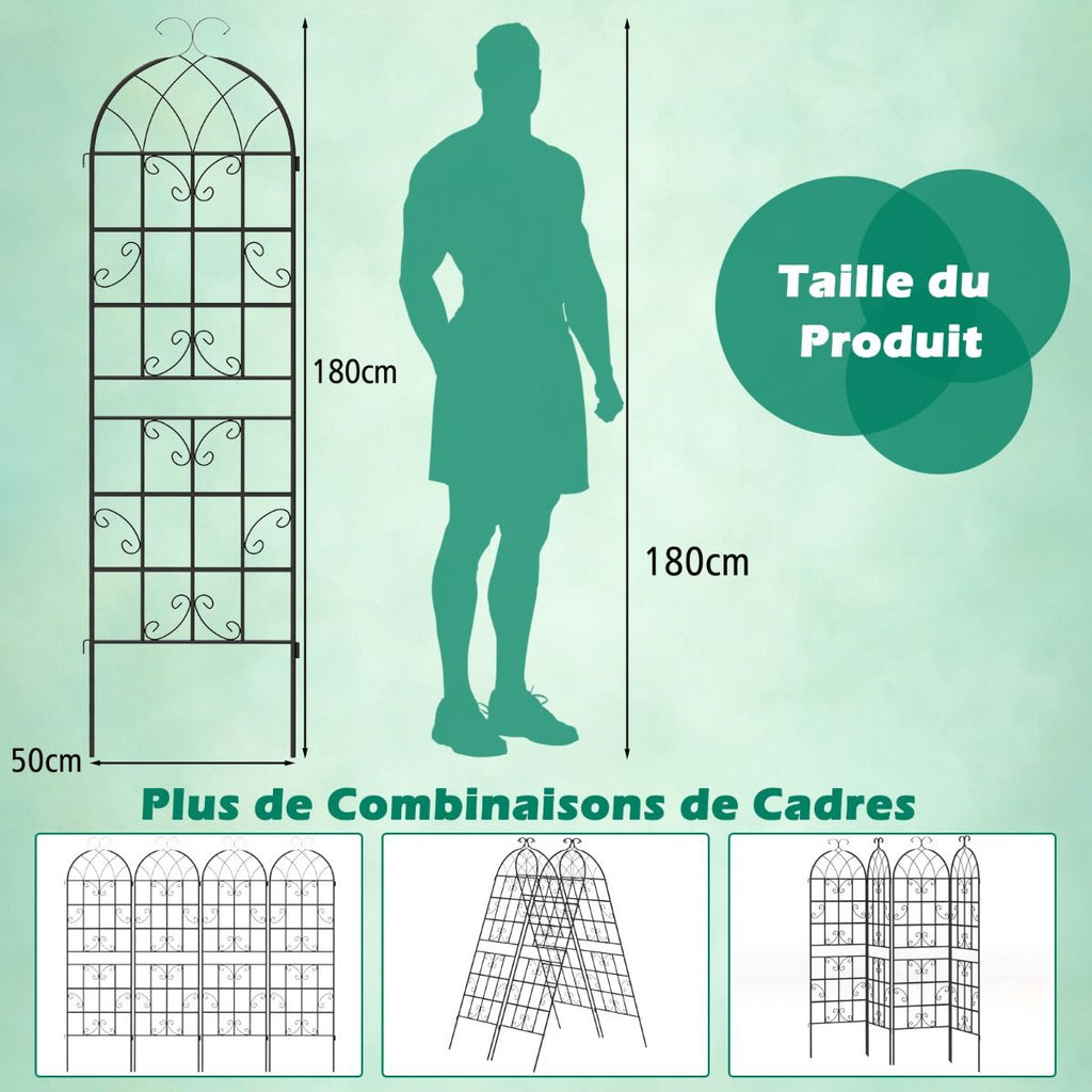 Lot de 4 Treillis de Jardin en Métal 180 x 50 cm Clôture Décorative pour Plante Grimpante Grille Fleurs Antirouille pour Jardin Cour Patio Noir -