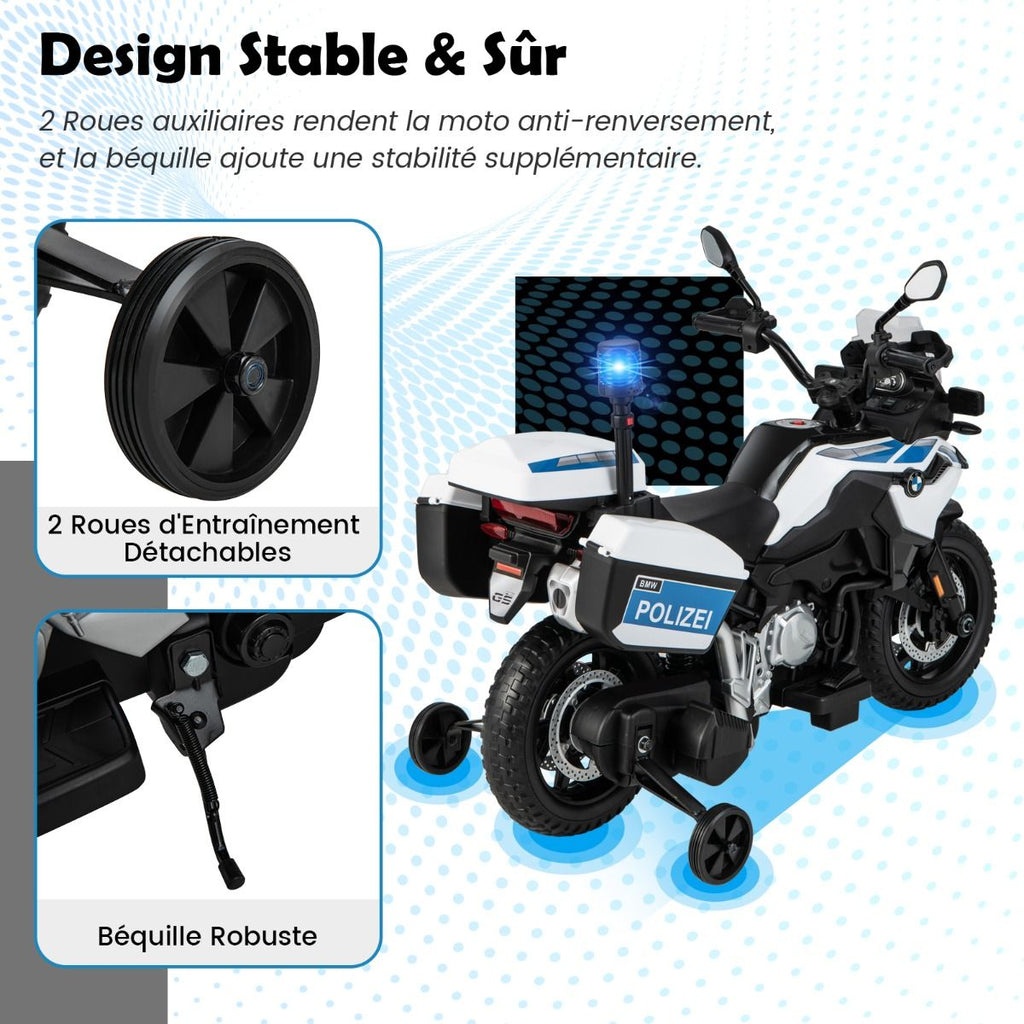Moto Électrique 12V/7AH pour Enfants 6km/h Modèle Policier avec Klaxon Musique Sirène Phares pour 3-8 Ans -