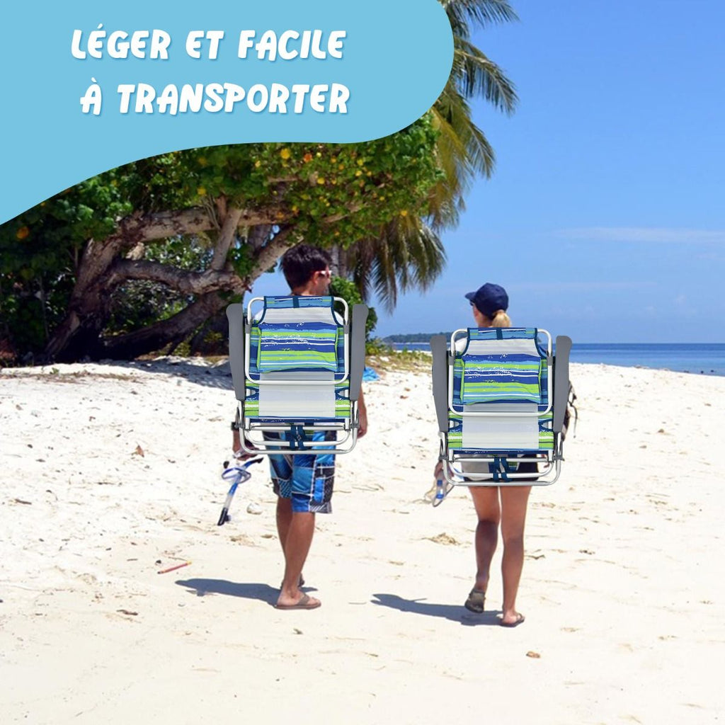 Lot de 2 Chaises de Camping Plage Pliante Table Enroulable en Aluminium Appui-tête Dossier Réglable à 5 Positions 6 Couleurs au Choix -