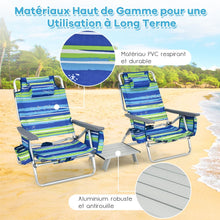Load image into Gallery viewer, Lot de 2 Chaises de Camping Plage Pliante Table Enroulable en Aluminium Appui-tête Dossier Réglable à 5 Positions 6 Couleurs au Choix -