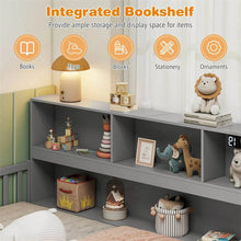 Load image into Gallery viewer, Twin Montessori Floor Bed, Wood Floor Bed Frame with Bookcase, Storage Shelves &amp; Safety Fence Rails for Kids, No Box Spring Needed