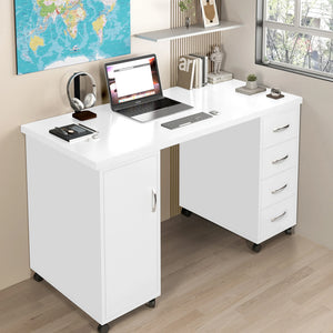 Sesslife White Computer Desk, Writing Desk with Lockable Wheels???modern Wood Study Desk with 4 Drawers for Home Office Workstation