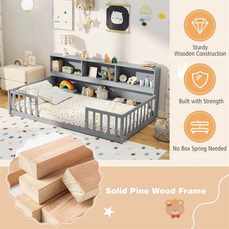 Twin Montessori Floor Bed, Wood Floor Bed Frame with Bookcase, Storage Shelves & Safety Fence Rails for Kids, No Box Spring Needed
