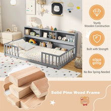 Load image into Gallery viewer, Twin Montessori Floor Bed, Wood Floor Bed Frame with Bookcase, Storage Shelves &amp; Safety Fence Rails for Kids, No Box Spring Needed
