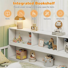 Load image into Gallery viewer, Twin Montessori Floor Bed, Wood Floor Bed Frame with Bookcase, Storage Shelves &amp; Safety Fence Rails for Kids, No Box Spring Needed