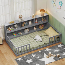Load image into Gallery viewer, Twin Montessori Floor Bed, Wood Floor Bed Frame with Bookcase, Storage Shelves &amp; Safety Fence Rails for Kids, No Box Spring Needed
