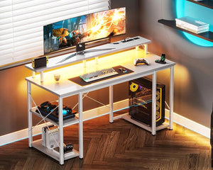 ODK 48 in Gaming Desk with LED Lights & Power Outlets, Computer Desk with Monitor Stand & Storage Shelves, CPU Stand, Home Office Desk, White