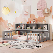 Load image into Gallery viewer, Twin Montessori Floor Bed, Wood Floor Bed Frame with Bookcase, Storage Shelves &amp; Safety Fence Rails for Kids, No Box Spring Needed