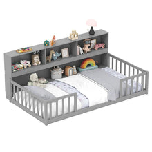 Load image into Gallery viewer, Twin Montessori Floor Bed, Wood Floor Bed Frame with Bookcase, Storage Shelves &amp; Safety Fence Rails for Kids, No Box Spring Needed
