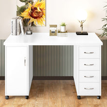 Load image into Gallery viewer, Sesslife White Computer Desk, Writing Desk with Lockable Wheels???modern Wood Study Desk with 4 Drawers for Home Office Workstation