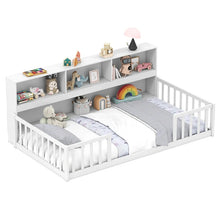 Load image into Gallery viewer, Twin Montessori Floor Bed, Wood Floor Bed Frame with Bookcase, Storage Shelves &amp; Safety Fence Rails for Kids, No Box Spring Needed